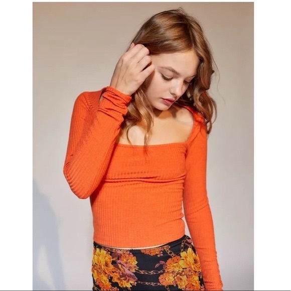 Vibrant Orange Urban Outfitters Orla Ribbed Knit Square Neck Cropped Long Sleeve - Picture 3 of 11